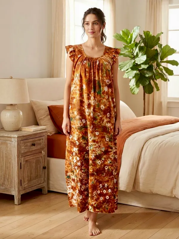 Pure_Cotton_Bandhani_Printed_Nighty_with_Ruffle_Sleeves,pack_of_two_