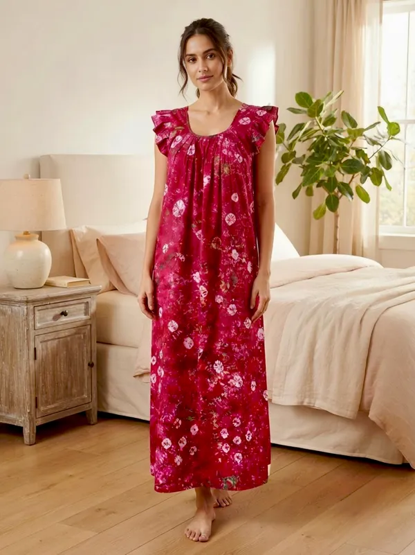 Pure_Cotton_Bandhani_Printed_Nighty_with_Ruffle_Sleeves,pack_of_two_