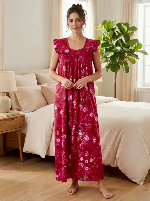 Pure_Cotton_Bandhani_Printed_Nighty_with_Ruffle_Sleeves,pack_of_two_