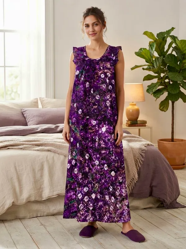 Pure_Cotton_Bandhani_Printed_Nighty_with_Ruffle_Sleeves,pack_of_two_