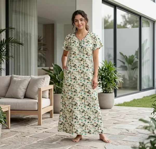Cream_Floral_Print_Cotton_A-Line_Maxi_Nightdress_For_Women