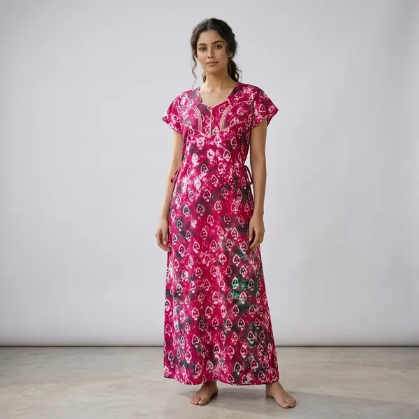 Pink_Heart_Print_Cotton_A-Line_Maxi_Nightdress_For_Women