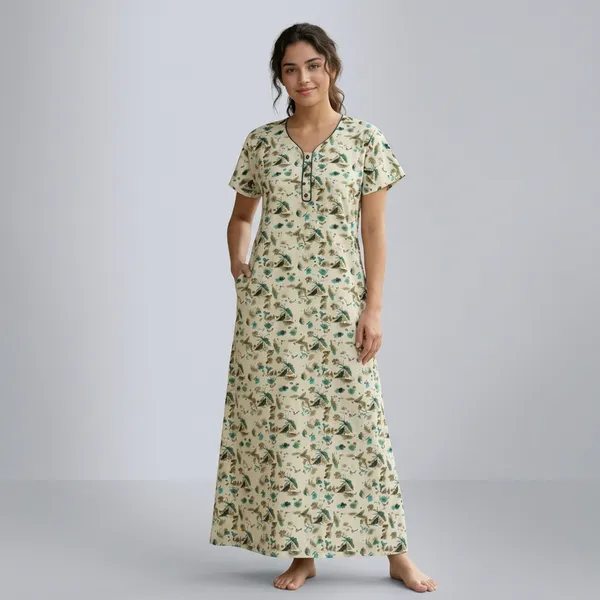 Cream_Floral_Print_Cotton_A-Line_Maxi_Nightdress_For_Women