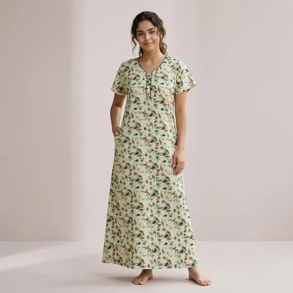 Cream_Floral_Print_Cotton_A-Line_Maxi_Nightdress_For_Women