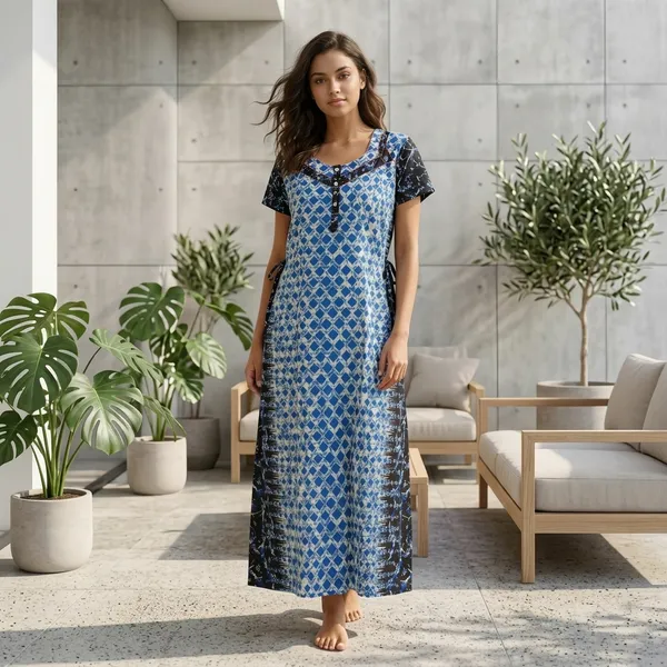 Blue_Geometric_Print_Cotton_A-Line_Maxi_Nightdress_For_Women