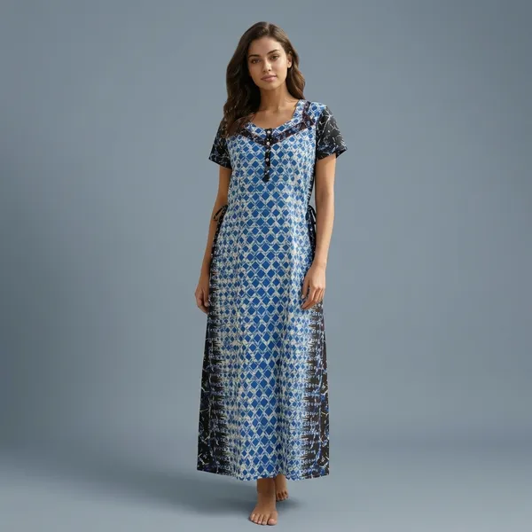 Blue_Geometric_Print_Cotton_A-Line_Maxi_Nightdress_For_Women