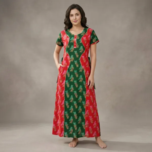Green_&_Red_Floral_Print_Cotton_A-Line_Maxi_Nightdress_For_Women