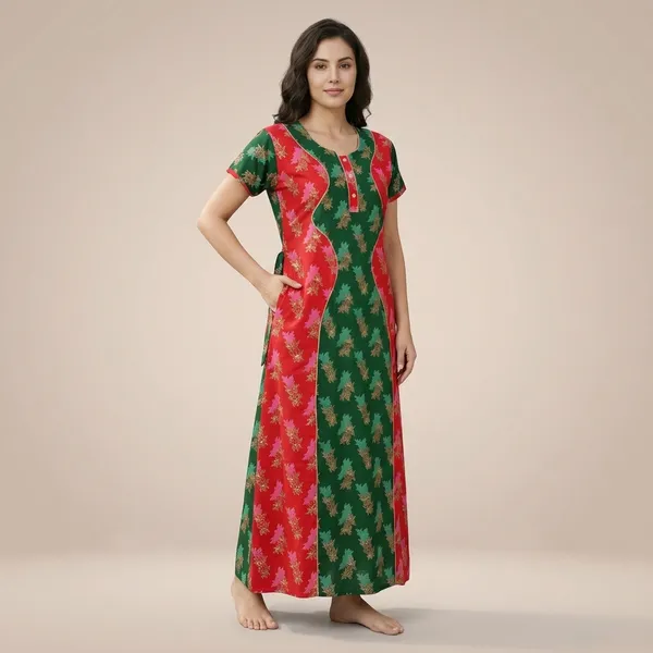 Green_&_Red_Floral_Print_Cotton_A-Line_Maxi_Nightdress_For_Women