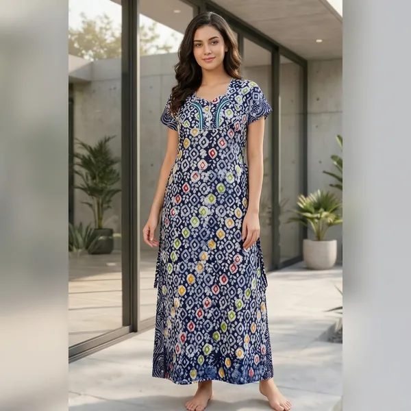Navy_Blue_Geometric_Print_Cotton_A-Line_Maxi_Nightdress_For_Women