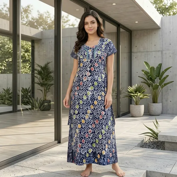 Navy_Blue_Geometric_Print_Cotton_A-Line_Maxi_Nightdress_For_Women