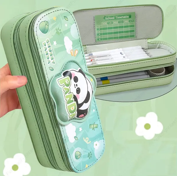 Green_Double_Layer_Spongey_Pencil_Pouch_Large_Capacity_Soft_And_Durable_Stationery_Organizer_For_Boys_&_Girls
