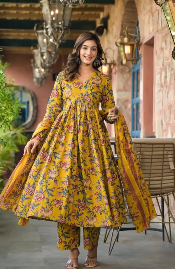 Mustard_Cotton_Gowns_With_Printed_Dupatta_Set_For_Women