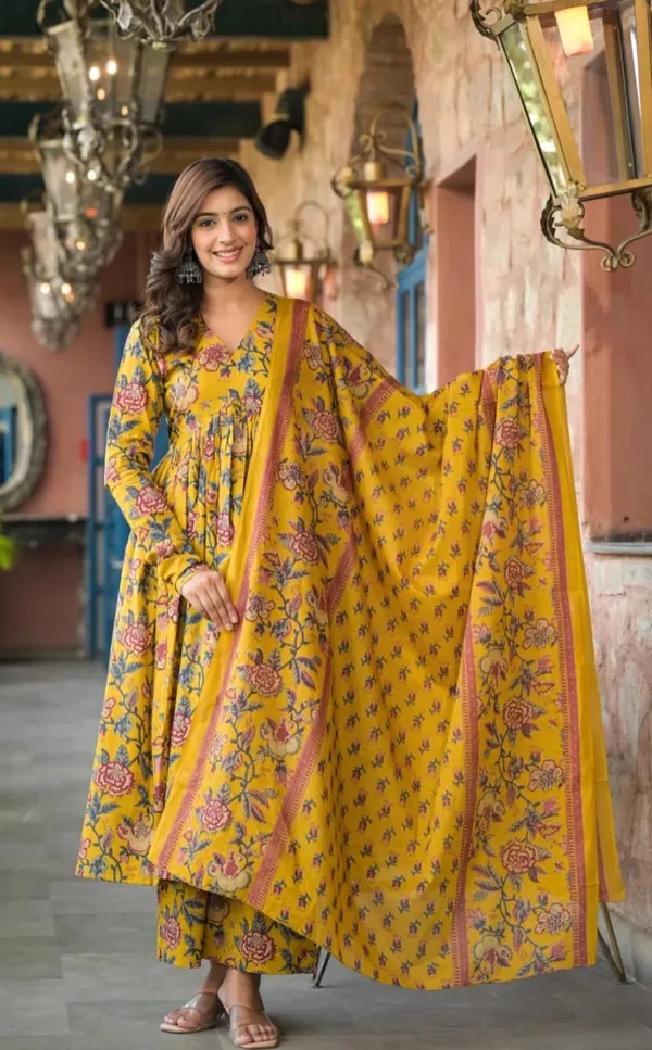 Mustard_Cotton_Gowns_With_Printed_Dupatta_Set_For_Women
