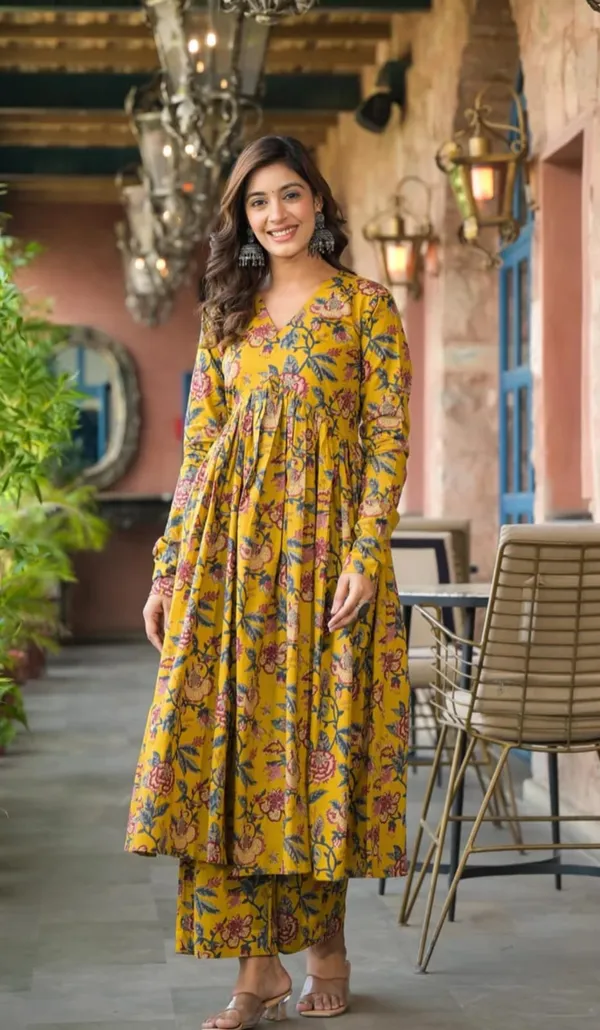 Mustard_Cotton_Gowns_With_Printed_Dupatta_Set_For_Women