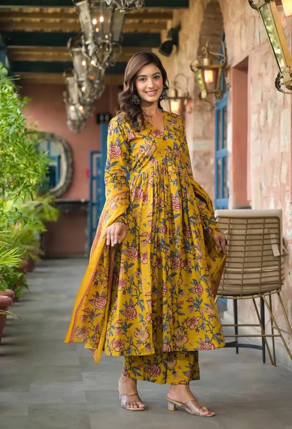 Mustard_Cotton_Gowns_With_Printed_Dupatta_Set_For_Women