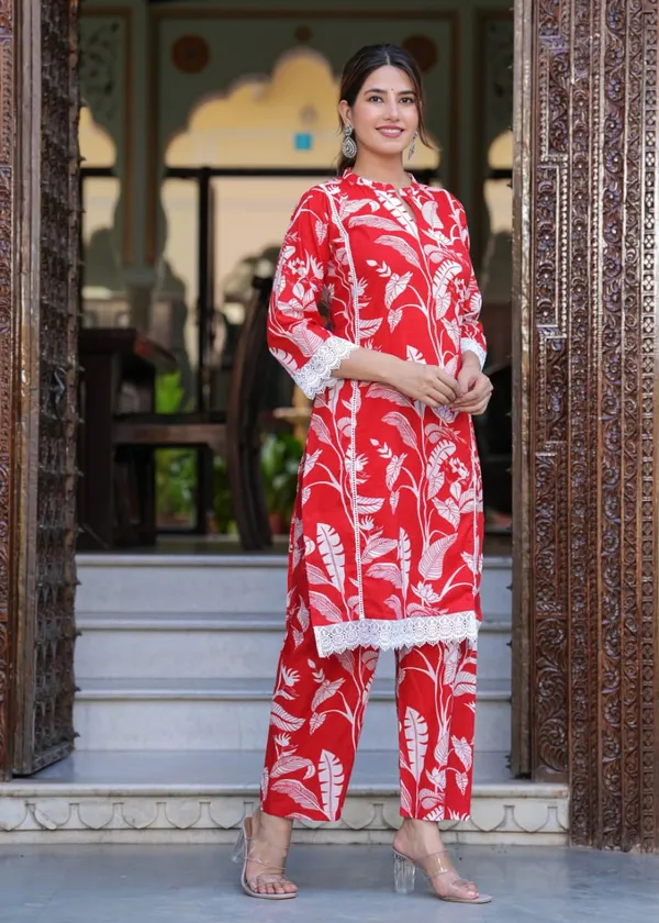 Red_Stylish_Printed_Cotton_Kurta_Pant_Set_For_Women