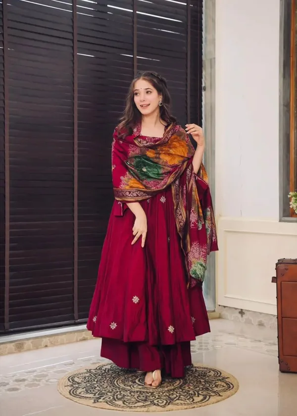 Maroon_Stylish_Chinon_Silk_Gown,_Plazzo_And_Dupatta_Set_For_Women