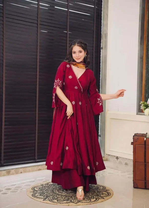 Maroon_Stylish_Chinon_Silk_Gown,_Plazzo_And_Dupatta_Set_For_Women