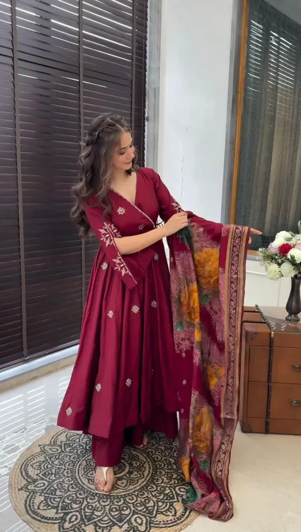 Maroon_Stylish_Chinon_Silk_Gown,_Plazzo_And_Dupatta_Set_For_Women