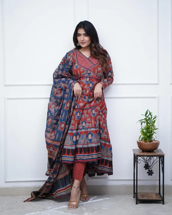 Red_Stylish_Embroidered__Handwork_Animal_Print_Gown_Pant_And_Dupatta_Set_For_Women