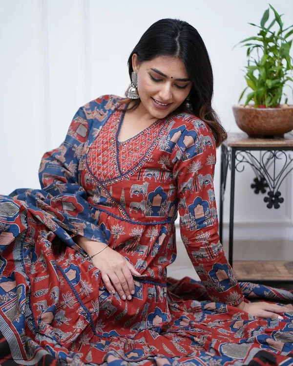 Red_Stylish_Embroidered__Handwork_Animal_Print_Gown_Pant_And_Dupatta_Set_For_Women