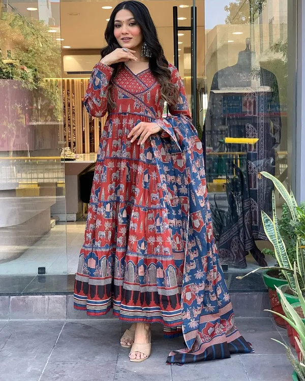 Red_Stylish_Embroidered__Handwork_Animal_Print_Gown_Pant_And_Dupatta_Set_For_Women