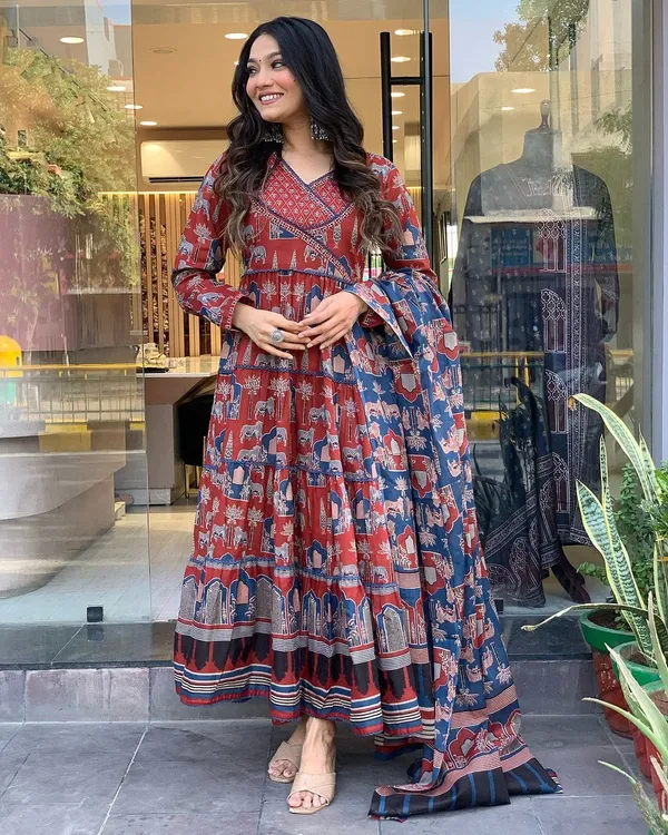 Red_Stylish_Embroidered__Handwork_Animal_Print_Gown_Pant_And_Dupatta_Set_For_Women