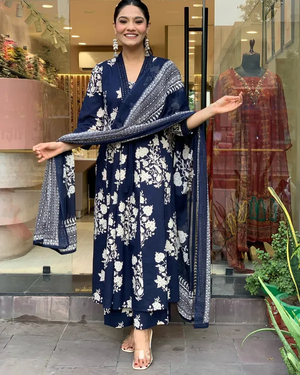 Blue_Stylish_Printed_Gown_Pant_And_Dupatta_Set_For_Women