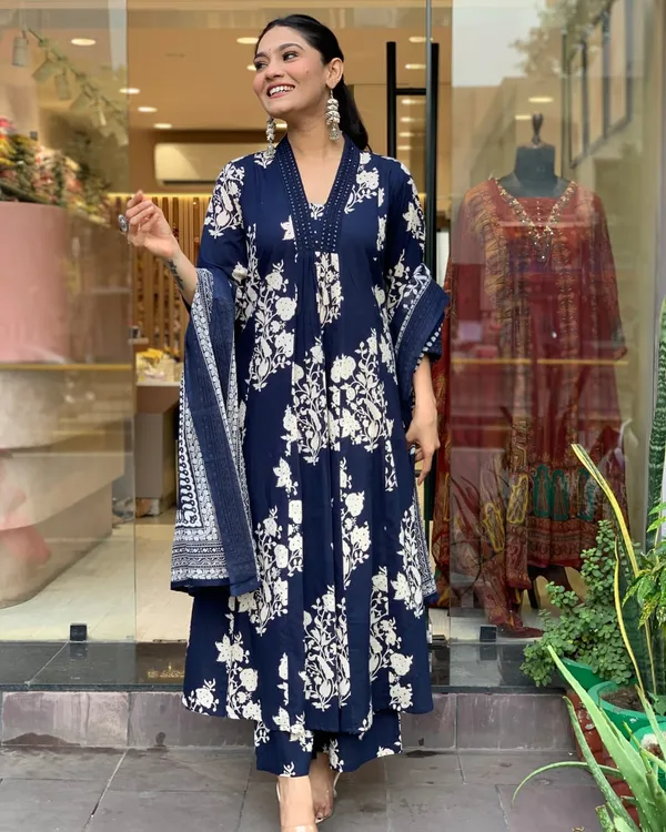 Blue_Stylish_Printed_Gown_Pant_And_Dupatta_Set_For_Women