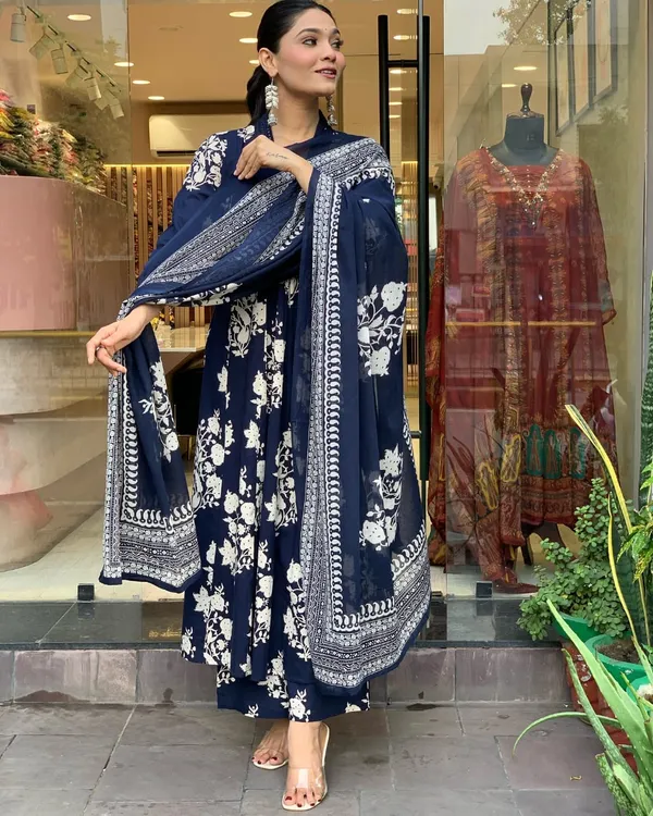 Blue_Stylish_Printed_Gown_Pant_And_Dupatta_Set_For_Women