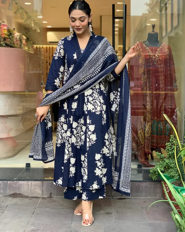 Blue_Stylish_Printed_Gown_Pant_And_Dupatta_Set_For_Women