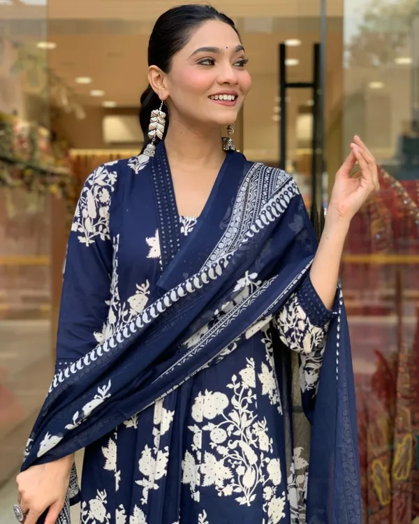 Blue_Stylish_Printed_Gown_Pant_And_Dupatta_Set_For_Women
