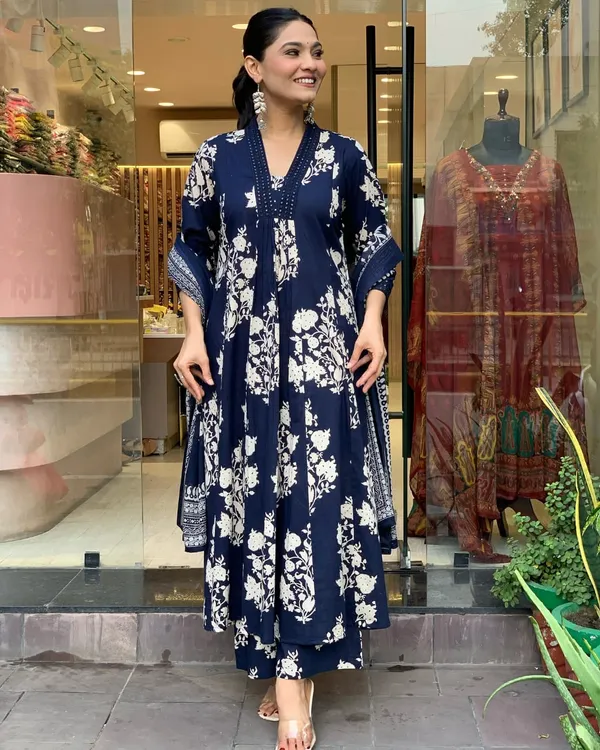 Blue_Stylish_Printed_Gown_Pant_And_Dupatta_Set_For_Women