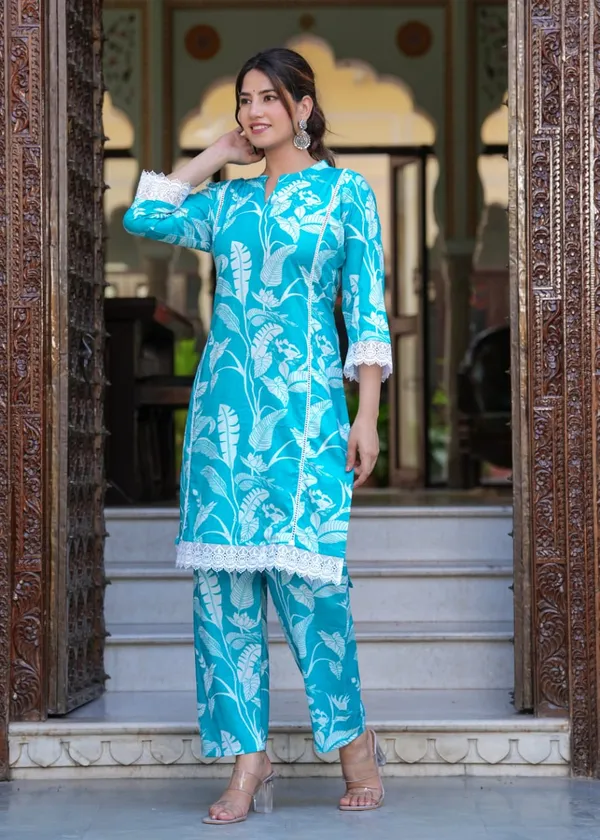 Sky_Blue_Cotton_V_Neck_3/4_Sleeve_Floral_Stylish_Printed_Knee_Length_Kurti_with_Matching_Pant_For_Women