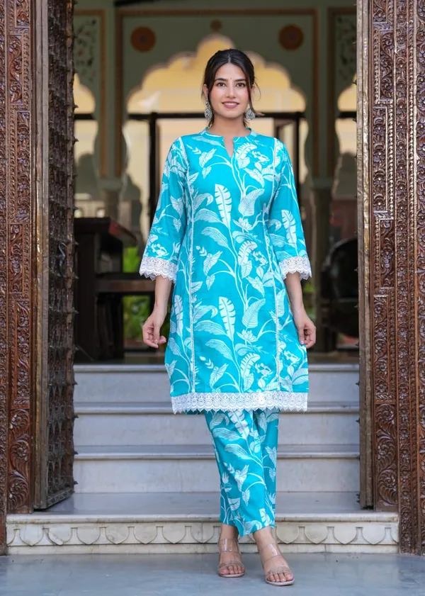 Sky_Blue_Cotton_V_Neck_3/4_Sleeve_Floral_Stylish_Printed_Knee_Length_Kurti_with_Matching_Pant_For_Women
