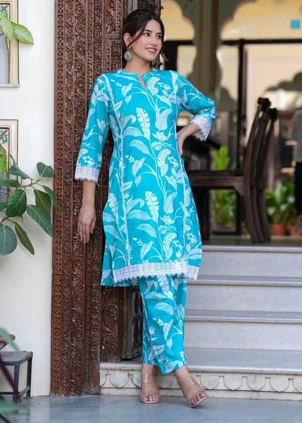 Sky_Blue_Cotton_V_Neck_3/4_Sleeve_Floral_Stylish_Printed_Knee_Length_Kurti_with_Matching_Pant_For_Women