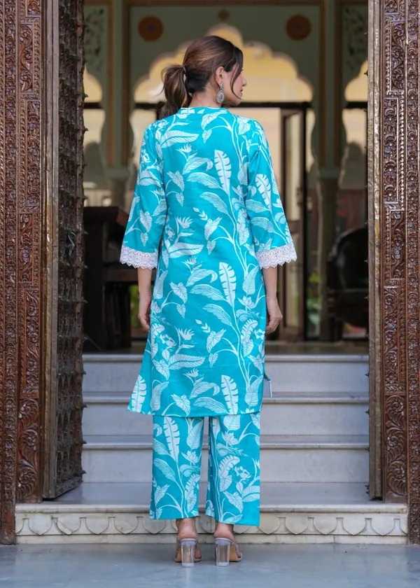 Sky_Blue_Cotton_V_Neck_3/4_Sleeve_Floral_Stylish_Printed_Knee_Length_Kurti_with_Matching_Pant_For_Women