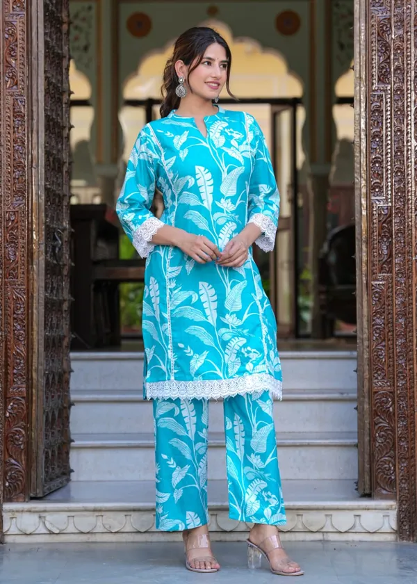 Sky_Blue_Cotton_V_Neck_3/4_Sleeve_Floral_Stylish_Printed_Knee_Length_Kurti_with_Matching_Pant_For_Women