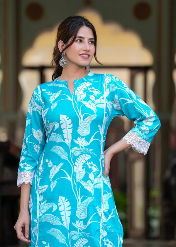 Sky_Blue_Cotton_V_Neck_3/4_Sleeve_Floral_Stylish_Printed_Knee_Length_Kurti_with_Matching_Pant_For_Women