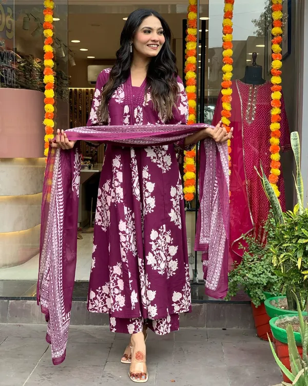 Wine_Stylish_Gown_Pant_And_Dupatta_Set_For_Women