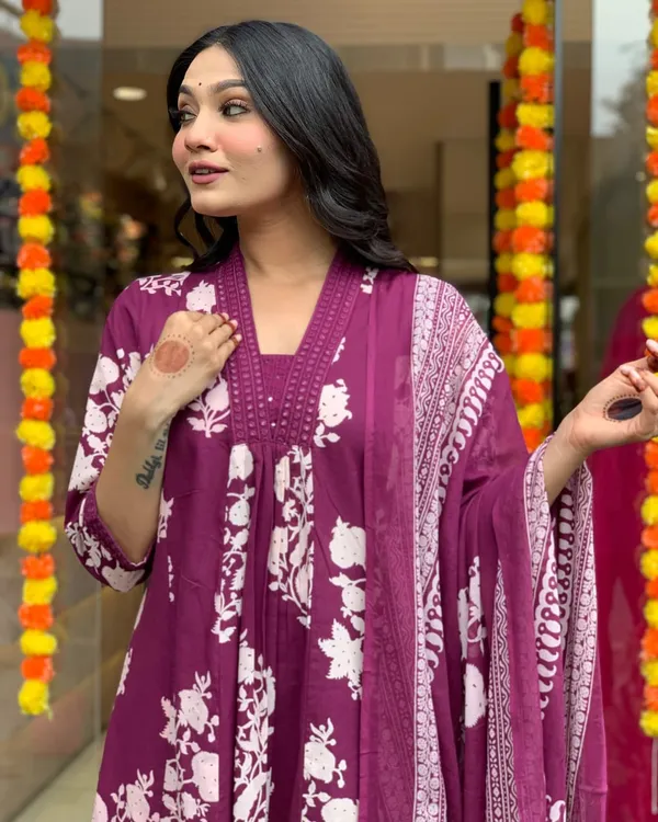 Wine_Stylish_Gown_Pant_And_Dupatta_Set_For_Women