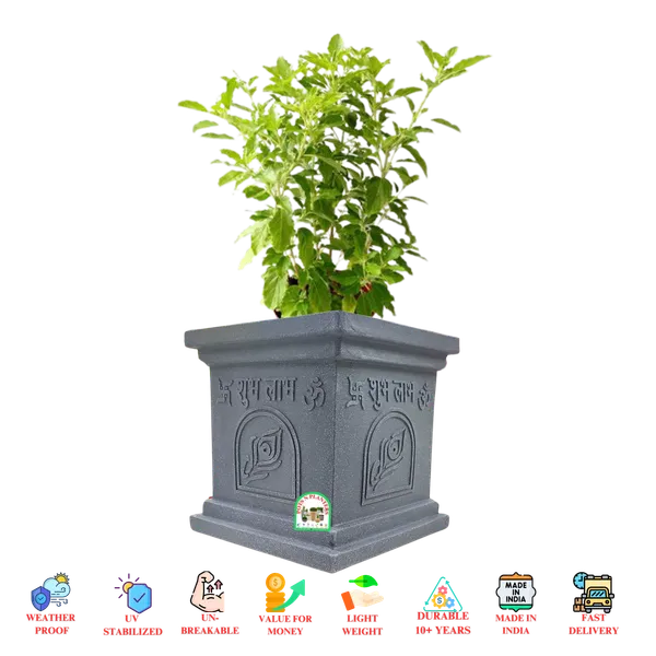 Divine_Swastika,_Shubh_Labh&_Om_Symbol_Design_And_Marble_Finish_|_Grey_Marble_Fibre_Square_Shaped_Pot
