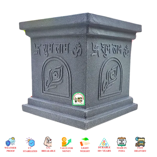 Divine_Swastika,_Shubh_Labh&_Om_Symbol_Design_And_Marble_Finish_|_Grey_Marble_Fibre_Square_Shaped_Pot