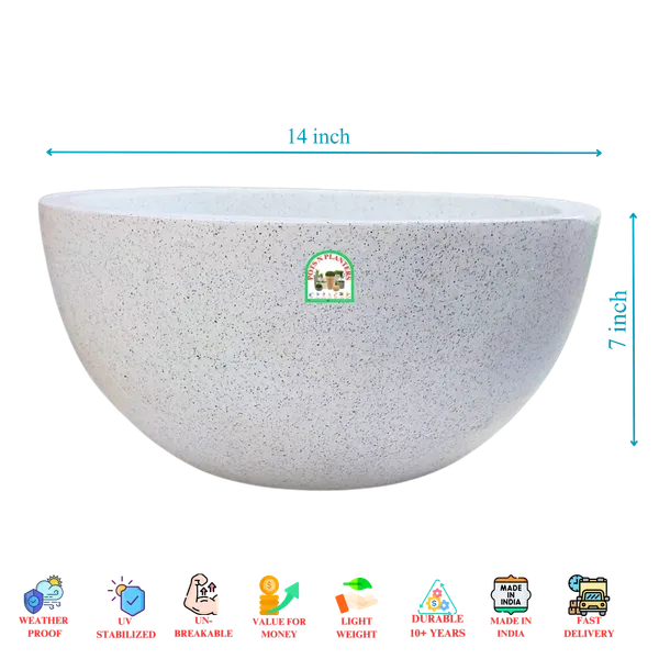 White_Marble_Fibre_Hemi_Spherical_Pot_With_Shallow_Height_(_14_Inch_X_7_Inch_)