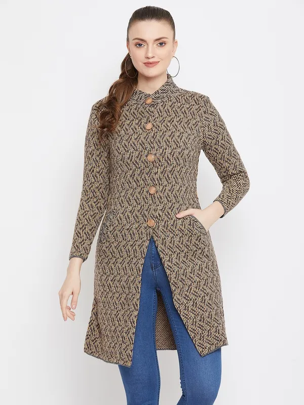 Beige_Wool_Blend_Self_Design_Full_Sleeve_High_Neck_Cardigan_For_Women