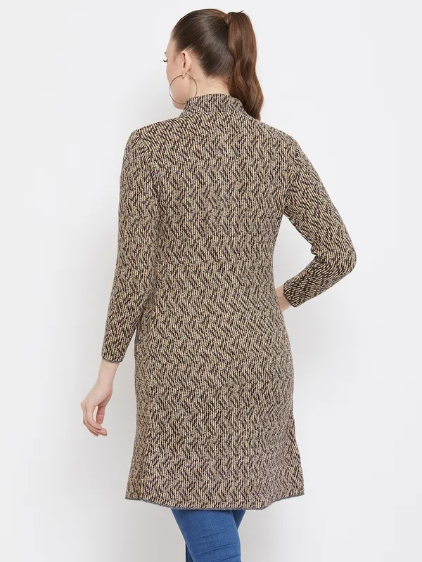 Beige_Wool_Blend_Self_Design_Full_Sleeve_High_Neck_Cardigan_For_Women