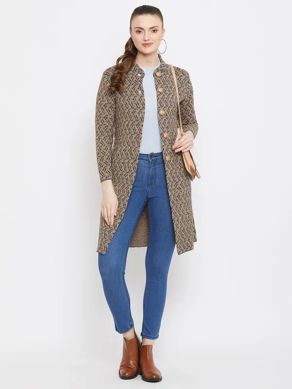 Beige_Wool_Blend_Self_Design_Full_Sleeve_High_Neck_Cardigan_For_Women