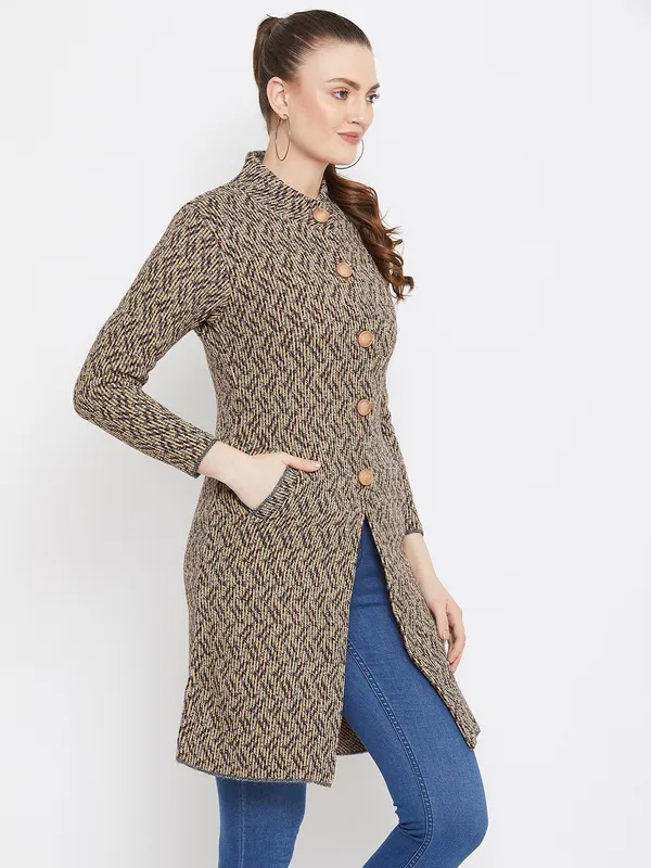 Beige_Wool_Blend_Self_Design_Full_Sleeve_High_Neck_Cardigan_For_Women