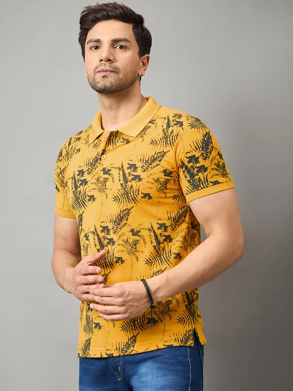 Yellow_Graphic_Print_Polo_Neck_Cotton_Blend_T-Shirt_For_Men