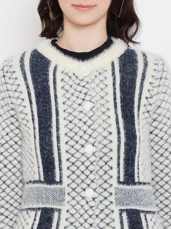 White_&_Blue_Acrylic_Blend_Self_Design_Full_Sleeve_Round_Neck_Cardigan_For_Women